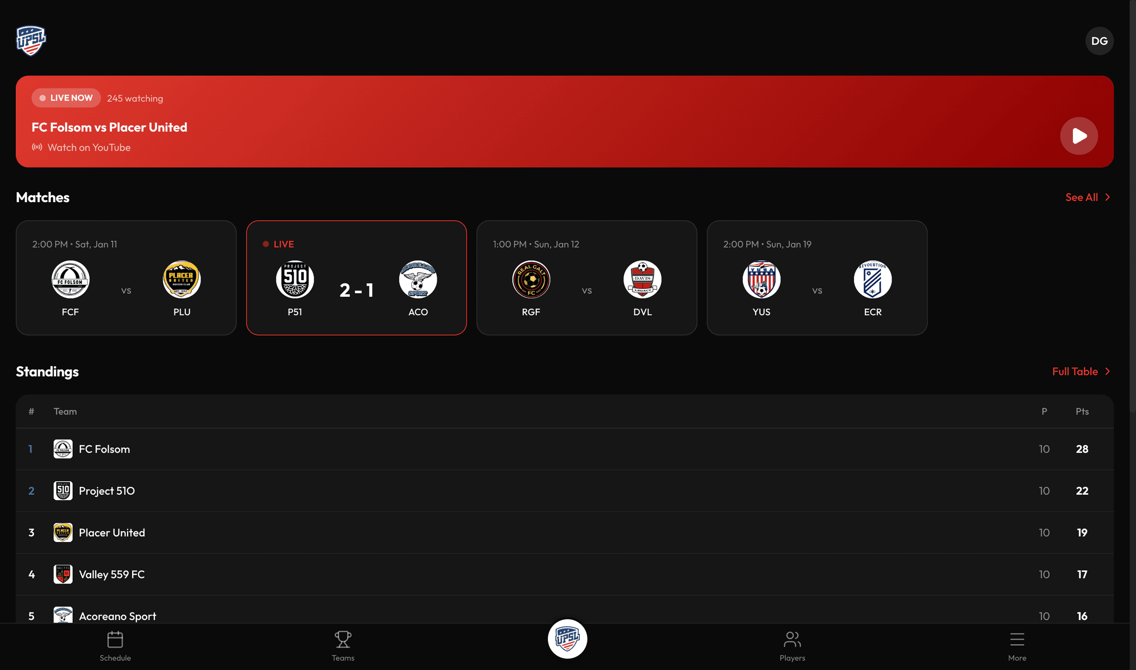 Screenshot of UPSL League Portal